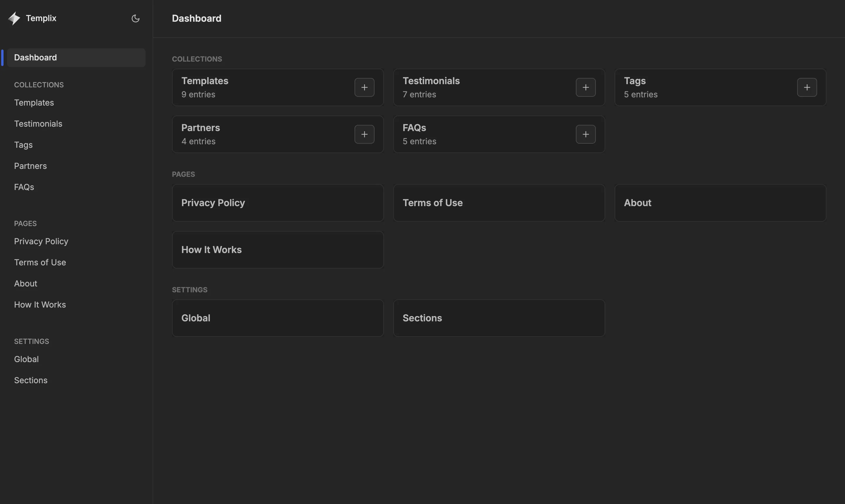 Dashboard Keystatic admin page
