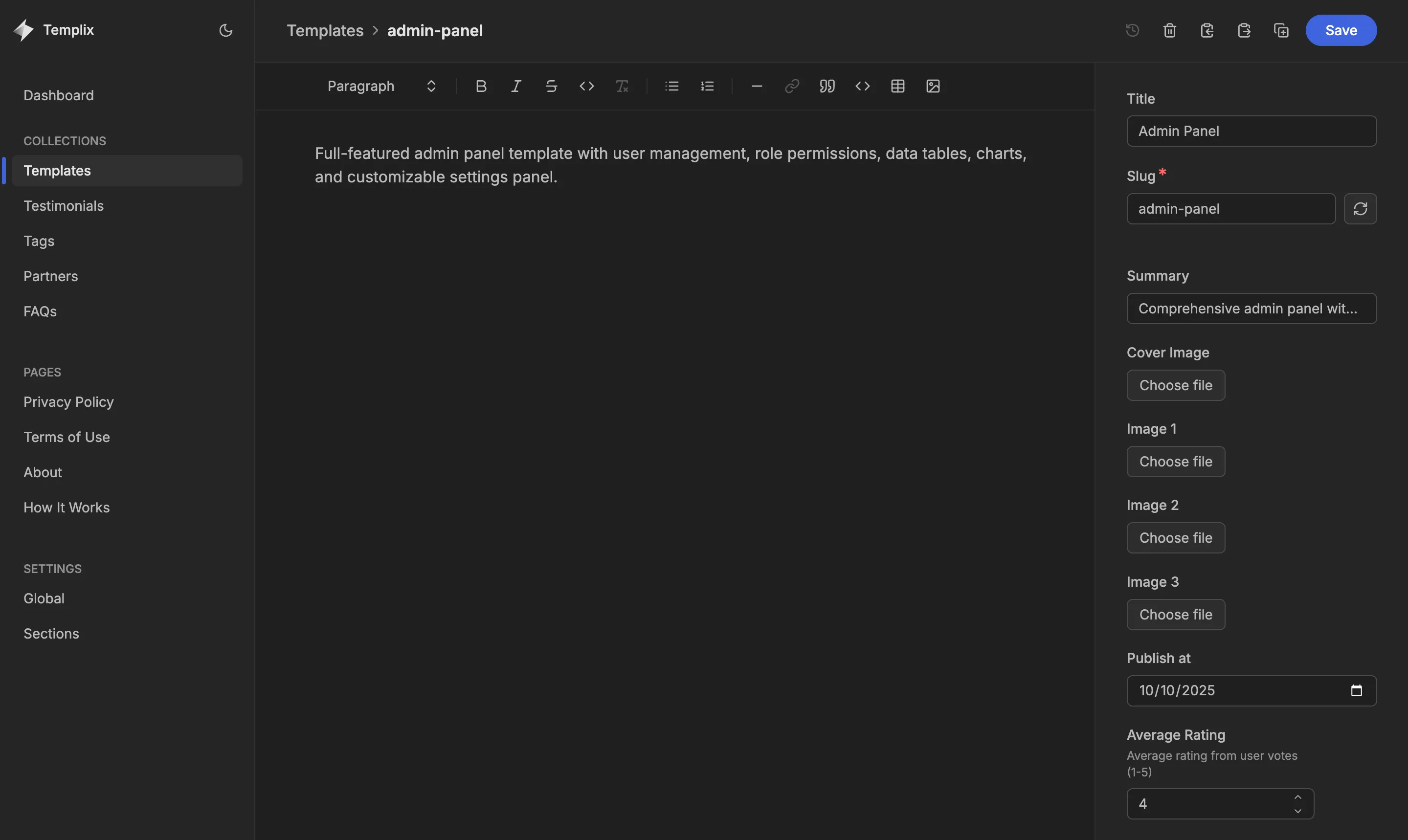 New Template edit page